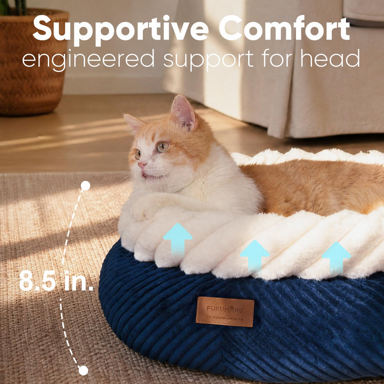 FUKUMARU Cat Bed, Calming Donut Dog Beds, Plush Faux Fur&Corduroy Kitten Beds, Cute Round Washable Pet Bed for Large Cats and Puppy, Cat Cave with Anti-Slip Bottom, 21inch, Camel