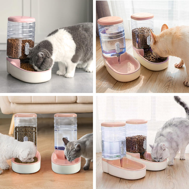 Kacoomi Automatic Dog Cat Feeder and Water Dispenser Gravity Food Feeder and Waterer Set with Pet Food Bowl for Small Medium Dog Puppy Kitten, Large Capacity 1 Gallon x 2