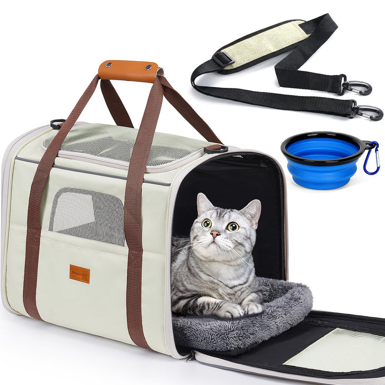 Morpilot Pet Carrier for Large Cats, Puppies & Small Dogs Up to 25lbs, Escape-Proof with Locking Zippers, Dual-Sided Cushion, Safety Buckle for Car & Vet Travel, Includes Foldable Bowl (Dark Gray)