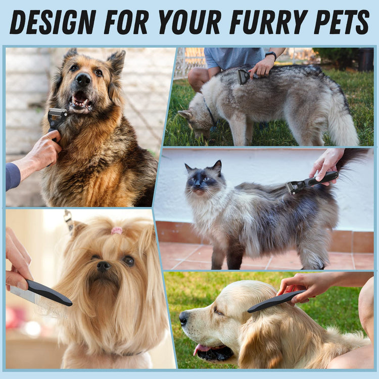 Docrok Pet Grooming Combo - Blue Deshedding Brush with Metal Comb for Detangling and Dematting Long, Matted Fur on Cats and Dogs