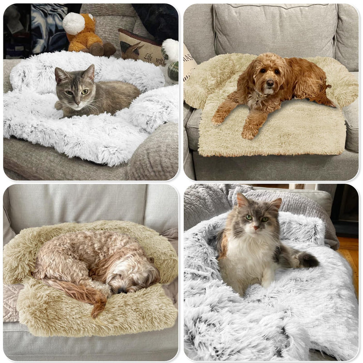 Calming Dog Bed Fluffy Plush Dog Mat for Furniture Protector with Removable Washable Cover for Large Medium Small Dogs and Cats (Small(35x31x5), Light Grey)