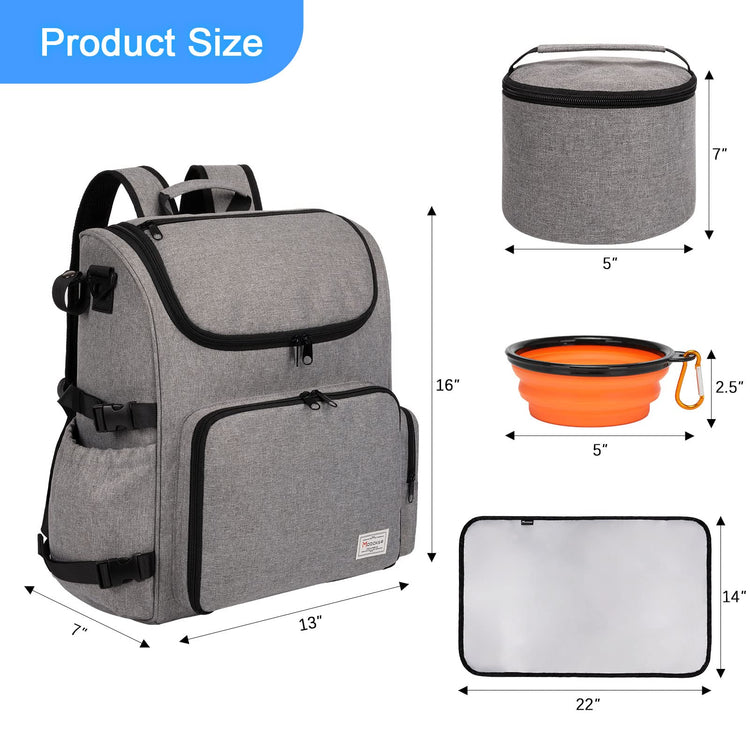 Modoker Dog Travel Bag Backpack, Airline Approved Pet Accessories Organizer for Dog and Cat with Shoulder Strap, 2 Dog Food Storage Containers, 2 Collapsible Dog Bowls,1 Pet Mat, Grey