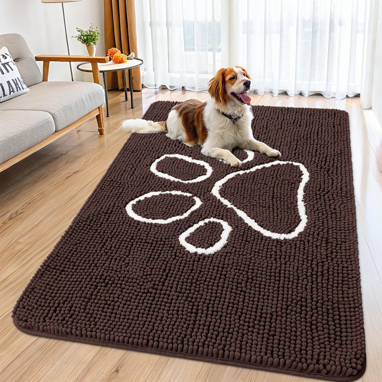 Smiry Dog Door Mat for Muddy Paws, Absorbent Dirt Trapper Non Slip Quick Dry Washable Chenille Mat for Mud Dogs, Entry Rug for Indoor and Outdoor (30x20 Inches, Grey and Black)