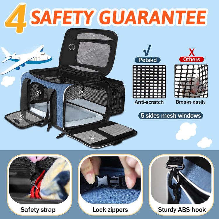 Petskd Top and Side Expandable Pet Carrier 18x11x11 Inches Delta United Airline Approved, Soft-Sided Carrier for Small Cats and Dogs with Locking Safety Zippers and Anti-Scratch Mesh(Black)