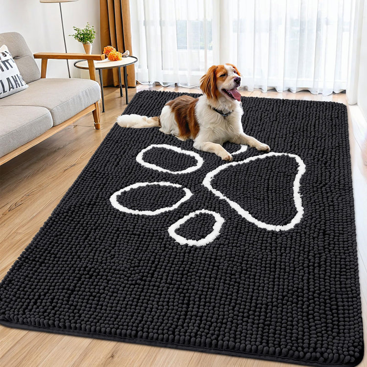 Smiry Dog Door Mat for Muddy Paws, Absorbent Dirt Trapper Non Slip Quick Dry Washable Chenille Mat for Mud Dogs, Entry Rug for Indoor and Outdoor (30x20 Inches, Grey and Black)