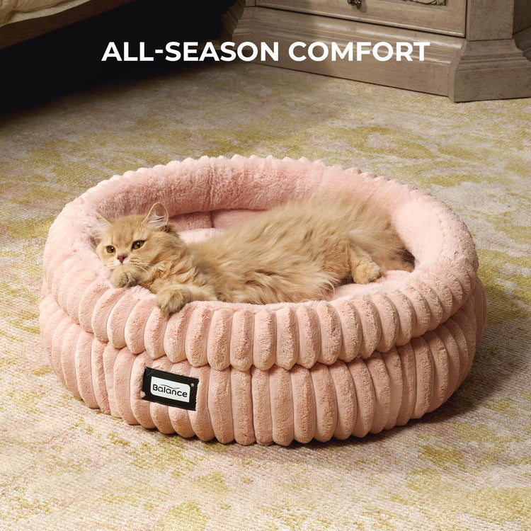 BALANCE Cat Bed Kitten Bed, Washable Round Cat Beds for Indoor Cats, Super Soft Plush Faux Fur Pet Bed for Puppy and Kitten with Anti-Slip Bottom