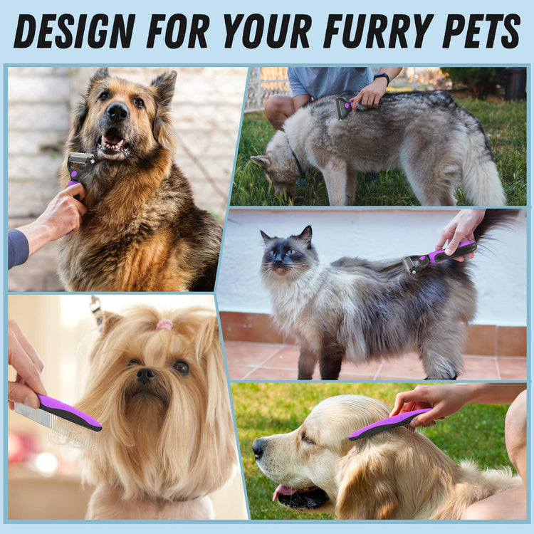 Docrok Pet Grooming Combo - Blue Deshedding Brush with Metal Comb for Detangling and Dematting Long, Matted Fur on Cats and Dogs
