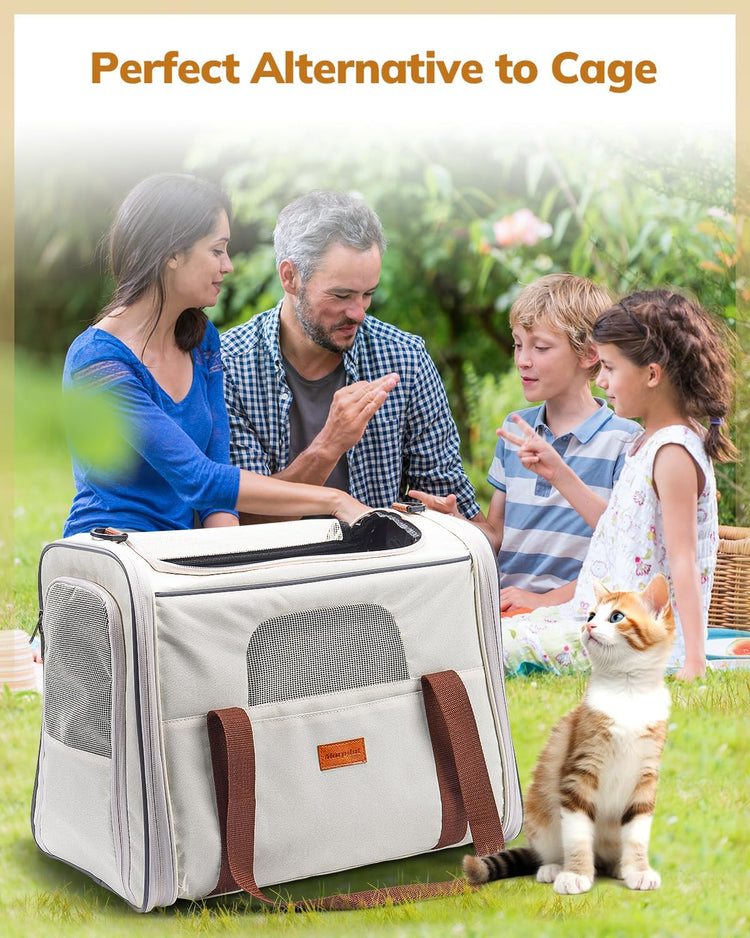 Morpilot Pet Carrier for Large Cats, Puppies & Small Dogs Up to 25lbs, Escape-Proof with Locking Zippers, Dual-Sided Cushion, Safety Buckle for Car & Vet Travel, Includes Foldable Bowl (Dark Gray)