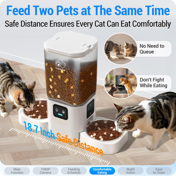 Frienhund Automatic Cat Feeder 2 Cats with Slow Feed: Dual Automatic Dog Feeder with 5G WiFi, Cat Food Dispenser with APP Control for Multiple Pets, Detachable for Easy Clean, Double Pet Bowl - 29 Cup
