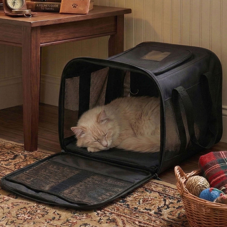 Conlun Cat Carrier Airline Approved, Soft-Sided Dog Carrier with Inner Safety Leash, Pet Transport Carrier for Small-Medium Cats Puppies up to 15 Lbs, Collapsible Travel Kitten Carrier Bag -BlackM