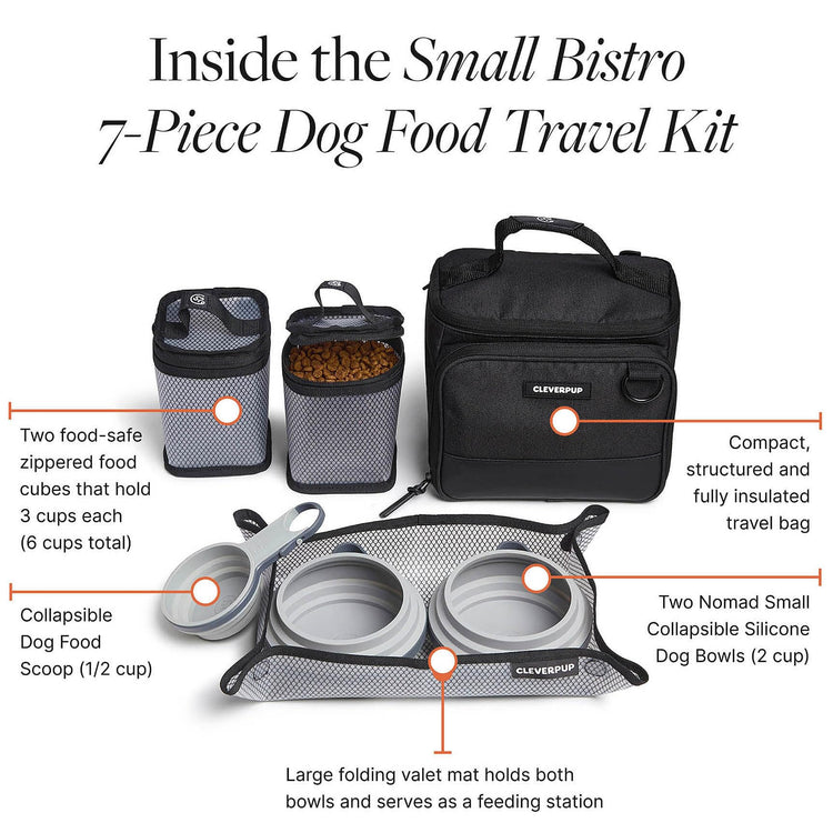 Cleverpup, Large 7-Piece Bistro Box Dog Food Travel Kit, 12-Cup Kibble Storage, 2 Silicone Bowls, Mat & Scoop - Premium Portable Pet Food Kit for Weekends, Overnights, Daycare & Camping, Checkerboard