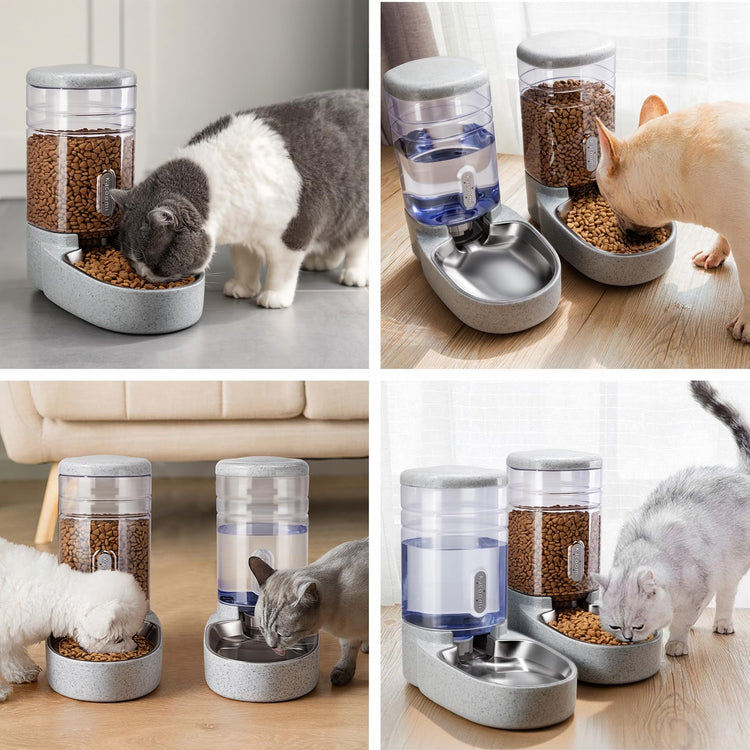 Kacoomi Automatic Dog Cat Feeder and Water Dispenser Gravity Food Feeder and Waterer Set with Pet Food Bowl for Small Medium Dog Puppy Kitten, Large Capacity 1 Gallon x 2