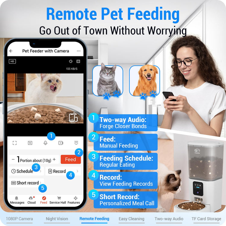 Frienhund Automatic Cat Feeder 2 Cats with Slow Feed: Dual Automatic Dog Feeder with 5G WiFi, Cat Food Dispenser with APP Control for Multiple Pets, Detachable for Easy Clean, Double Pet Bowl - 29 Cup