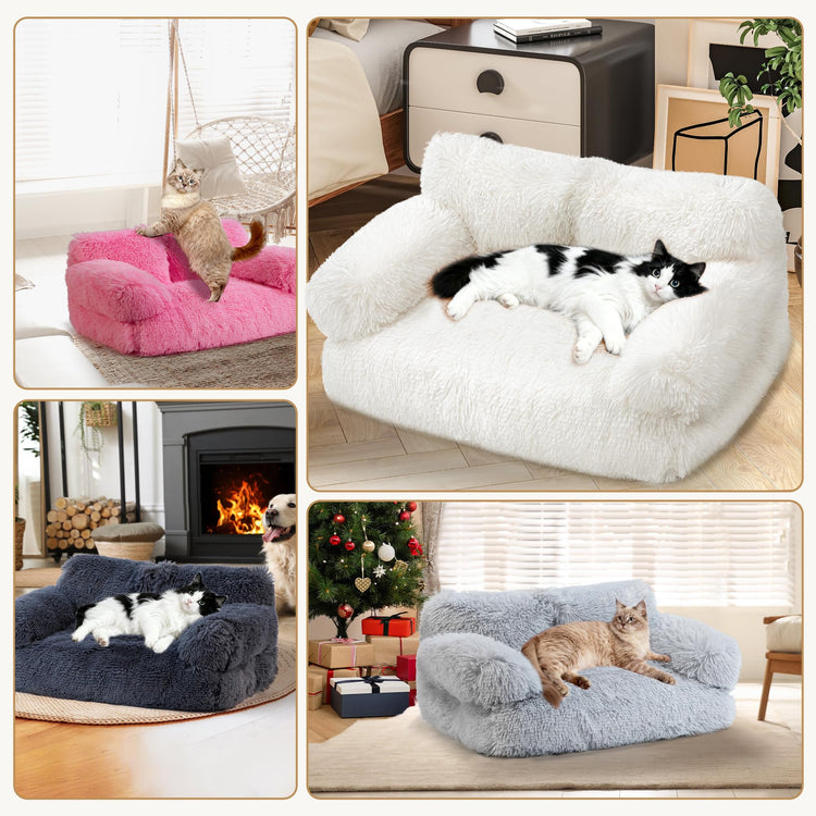 Large Cat Beds for Indoor Cats, Dog Couch Bed, Cute Cat Couch Sofas for Less 20lbs Kitten Puppy, Small Dog Sofas & Chairs with Removable Washable Cover, Soft Warm Pet Furniture, Cream