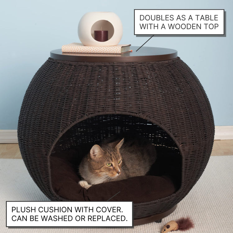 The Refined Canine Igloo Indoor Dog Bed & Cat Bed in Smoke, Multipurpose Pet Bed with Table Top, Claw-Proof Faux Rattan is Easy to Clean, Includes Washable & Replaceable Covered Cushion