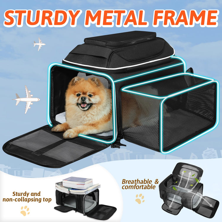 Petskd Top and Side Expandable Pet Carrier 18x11x11 Inches Delta United Airline Approved, Soft-Sided Carrier for Small Cats and Dogs with Locking Safety Zippers and Anti-Scratch Mesh(Black)
