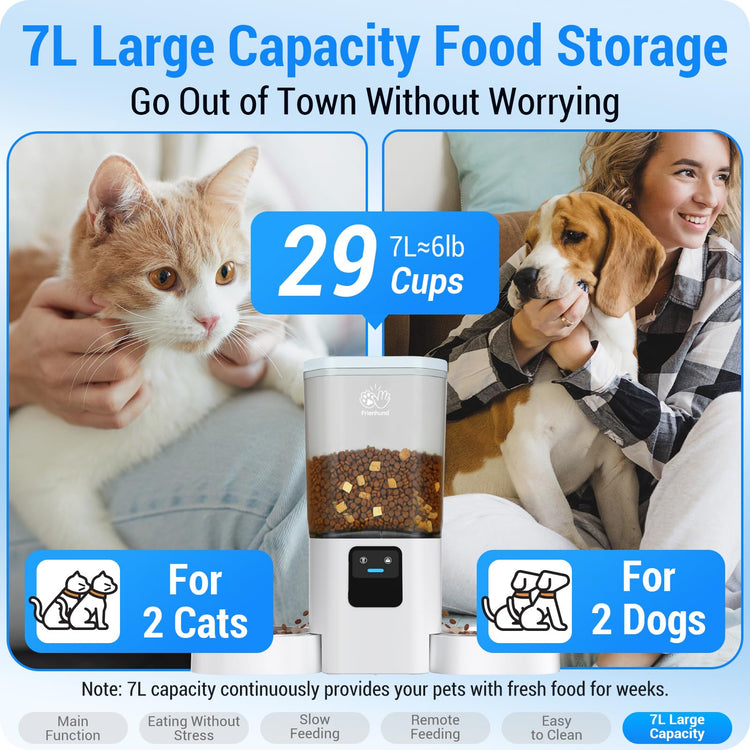 Frienhund Timed Automatic Cat Feeder 2 Cats with Slow Feed: Dual Automatic Dog Feeder with Information Visualization, Programmable Auto Cat Food Dispenser for Multiple Pets,Detachable for Clean-29 Cup