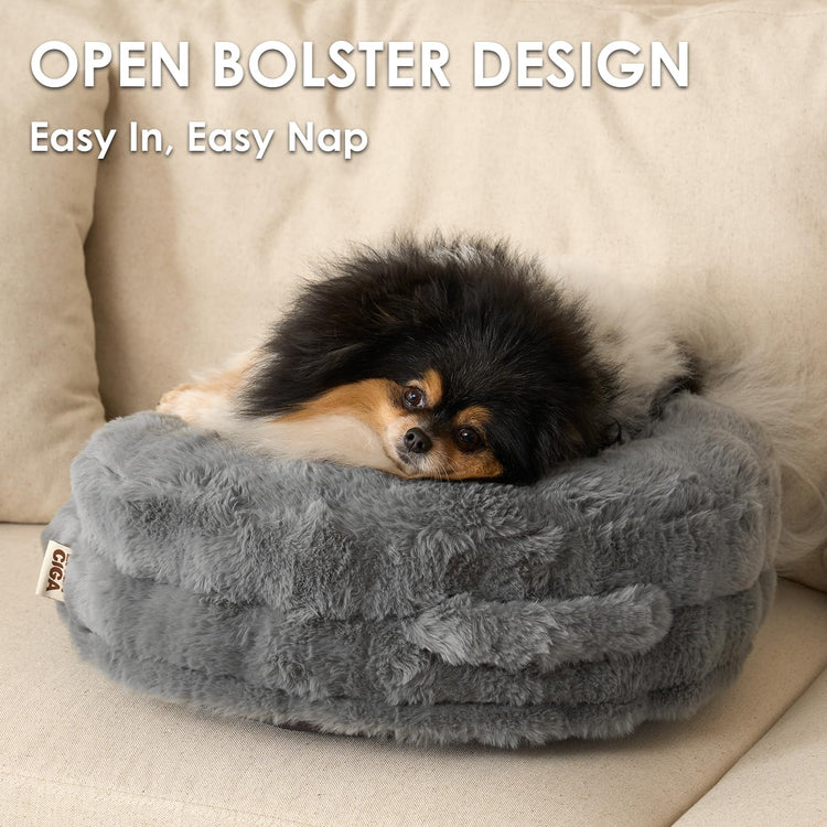 EHEYCIGA Soft Cat Couch Bed for Indoor Cats, Fluffy Small Dog Bed with Removable Washable Cover, Bolster Pet Sofa, Waterproof and Non-Slip, 23" x 23"x 7", Cream