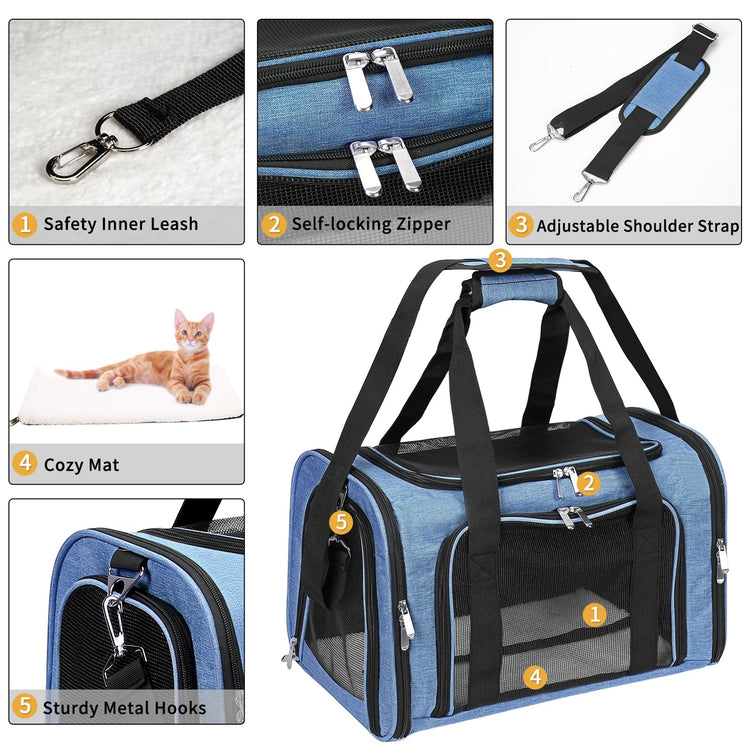 Soft-Sided Cat/Dog/Pet Carrier, Collapsible Pets Travel Carriers for Big Cats/Small Dogs with Shoulder Strap & Removable Mat, Mesh Puppy Carry Bag, Up to 16 Lbs, TSA Airline Approved(Black)