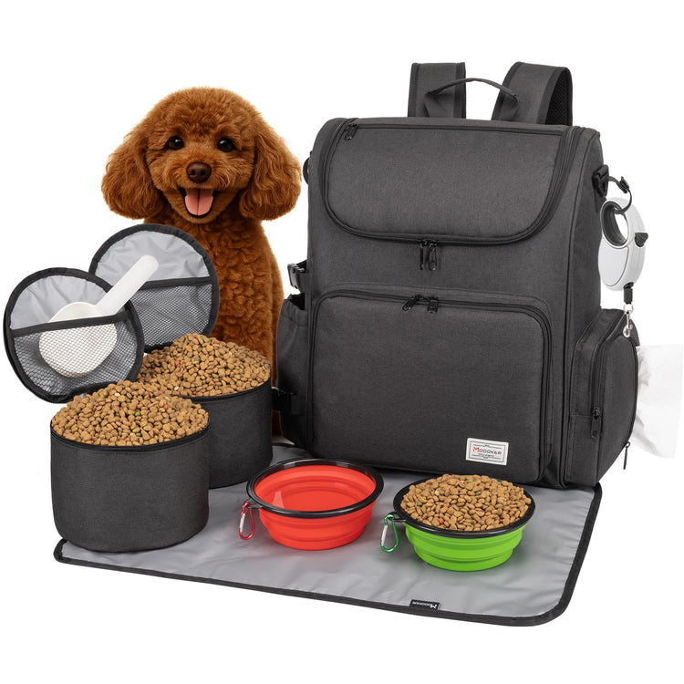 Modoker Dog Travel Bag Backpack, Airline Approved Pet Accessories Organizer for Dog and Cat with Shoulder Strap, 2 Dog Food Storage Containers, 2 Collapsible Dog Bowls,1 Pet Mat, Grey