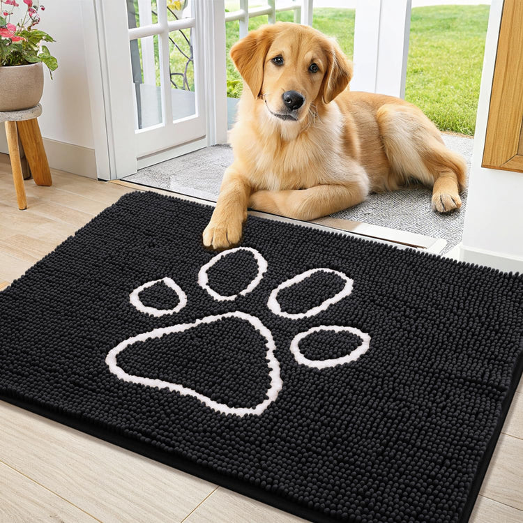 Smiry Dog Door Mat for Muddy Paws, Absorbent Dirt Trapper Non Slip Quick Dry Washable Chenille Mat for Mud Dogs, Entry Rug for Indoor and Outdoor (30x20 Inches, Grey and Black)