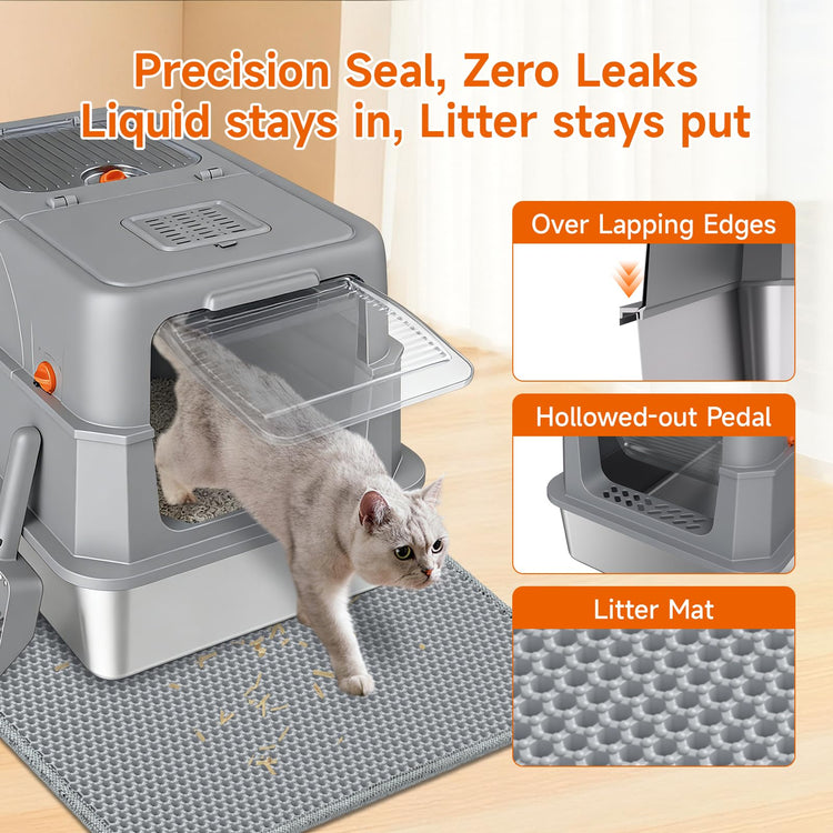 Stainless Steel Litter Box with Lid, High Sided Enclosed Metal Litter Box for Big Cats, Easy Cleaning Anti-Urine Leakage, Non-Sticky Cat Box, Front Entry Top Exit KittyBox, Includes Mat & Scoop