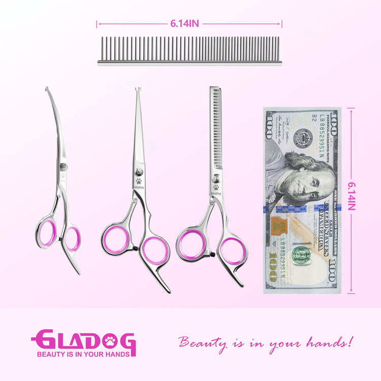 GLADOG Professional 5 in 1 Dog Grooming Scissors Set with Safety Round Tips, Sharp and Heavy-duty Pet Grooming Shears for Cats