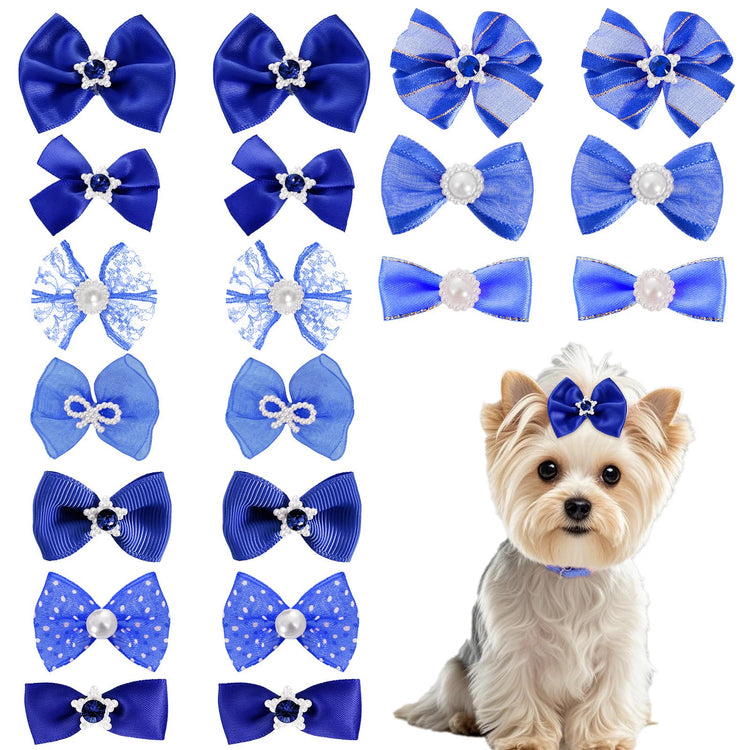 20 PCS Cute Dog Hair Bows with Rubber Bands Elastic Handmade Mix Style Lace Rhinestone Pearls for Furry Puppy Cat Pet Girl, Pink