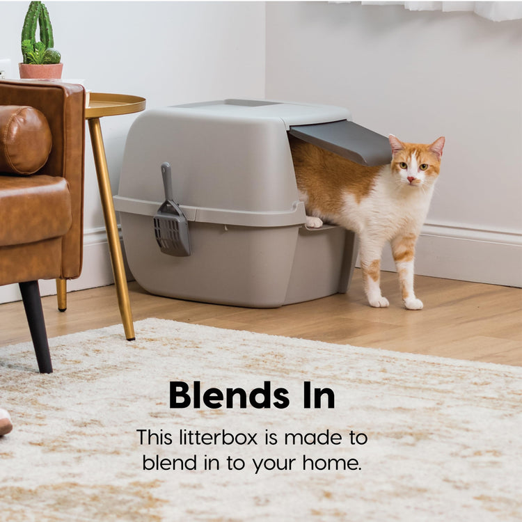 IRIS USA Cat Litter Box Large with Front Door Flap, Covered Enclosed Litter Box Enclosure with Scoop, Handle & Buckles for Portability & Privacy, Hidden Litter Pan, Navy