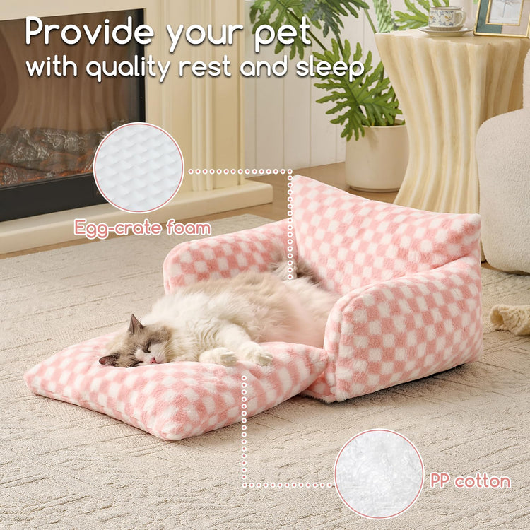 Hollypet Cat Bed Fluffy Plush Multifunctional Double-Layer Machine Washable Soft Warming Kitty Pet Couch Orthopedic Nest Beds for Small Cats Kitten and Dogs up to 13lbs, Khaki(25x20x13 inch)