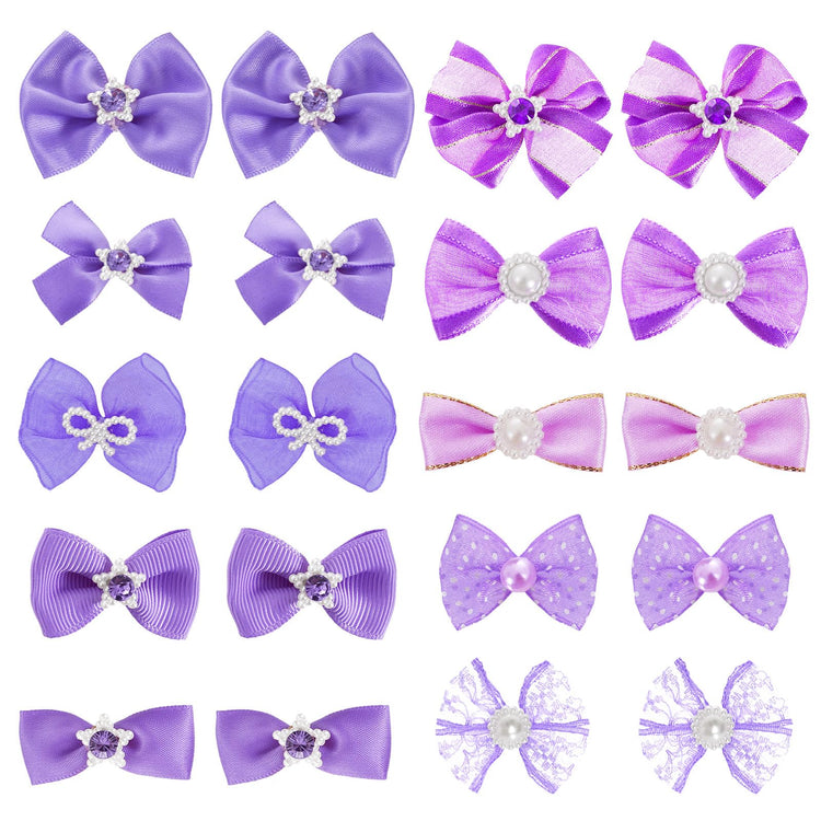 20 PCS Cute Dog Hair Bows with Rubber Bands Elastic Handmade Mix Style Lace Rhinestone Pearls for Furry Puppy Cat Pet Girl, Pink
