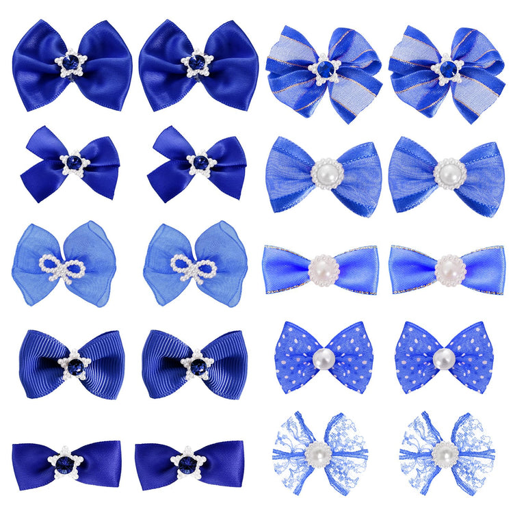 20 PCS Cute Dog Hair Bows with Rubber Bands Elastic Handmade Mix Style Lace Rhinestone Pearls for Furry Puppy Cat Pet Girl, Pink
