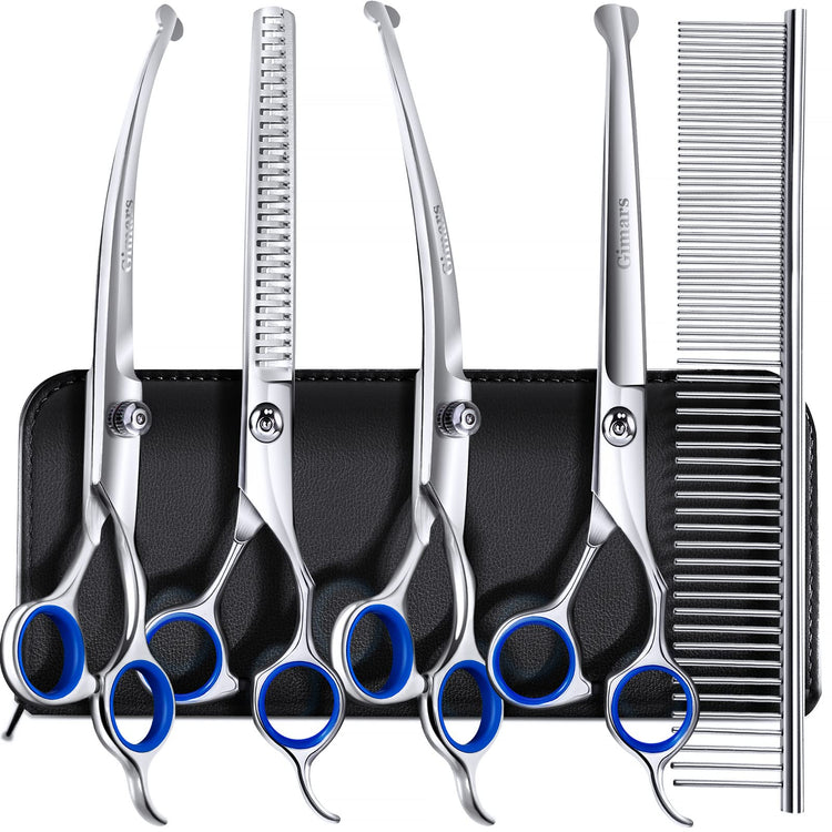 Gimars Titanium Coated Professional 6 in 1 4CR Stainless Steel Dog Grooming Scissors with Safety Round Tip, Heavy Duty Pet Grooming Scissor for Dogs, Cats and Other Animals