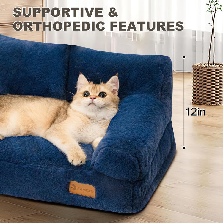 FAMIDGE Plush Cat Couch Bed - Cat Bed for Indoor Cats, Dog Sofa Bed, Short Rabbit Fleece Calming Pet Couch with Removable Cover, Anti-Shedding Pet Sofa for Small/Medium Pets (26×18×12in, Brown)