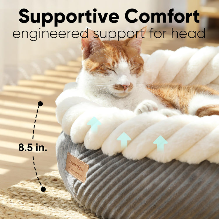 FUKUMARU Cat Bed, Calming Donut Dog Beds, Plush Faux Fur&Corduroy Kitten Beds, Cute Round Washable Pet Bed for Large Cats and Puppy, Cat Cave with Anti-Slip Bottom, 21inch, Camel