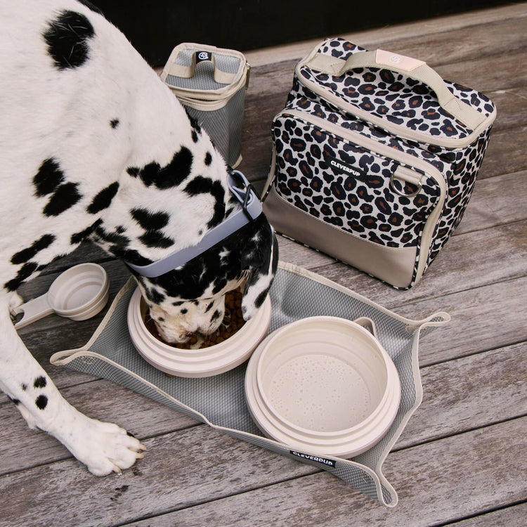 Cleverpup, Large 7-Piece Bistro Box Dog Food Travel Kit, 12-Cup Kibble Storage, 2 Silicone Bowls, Mat & Scoop - Premium Portable Pet Food Kit for Weekends, Overnights, Daycare & Camping, Checkerboard