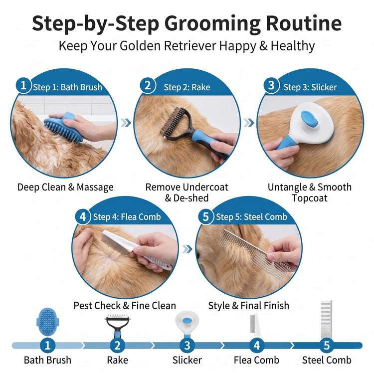 5-Piece Pet Grooming Kit for Dogs & Cats - Professional Deshedding, Detangling & Bathing Set for Long, Curly & Thick Coats - Blue