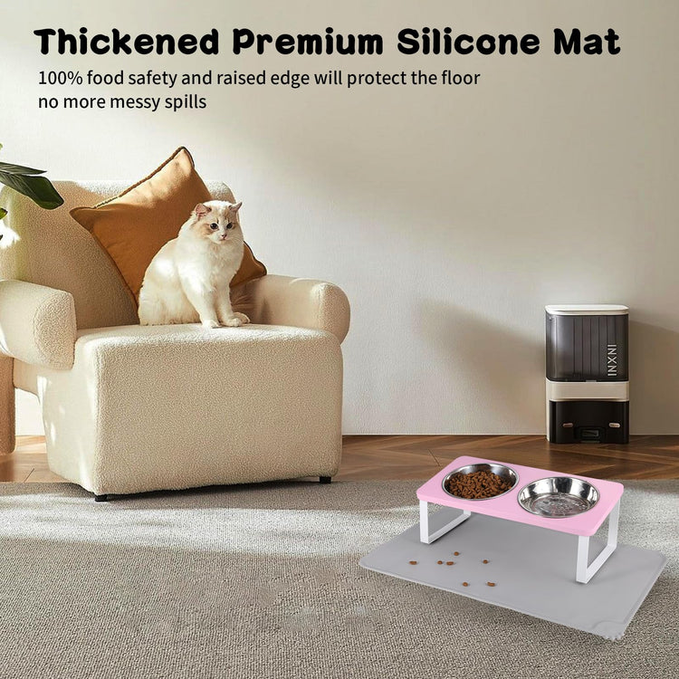 Upgraded Elevated Cat Bowls with Food Mat,15°Tilted Stand Anti Vomiting Raised Cat Dishes for Food and Water,2 Stainless Steel Bowls for Cats and Puppy