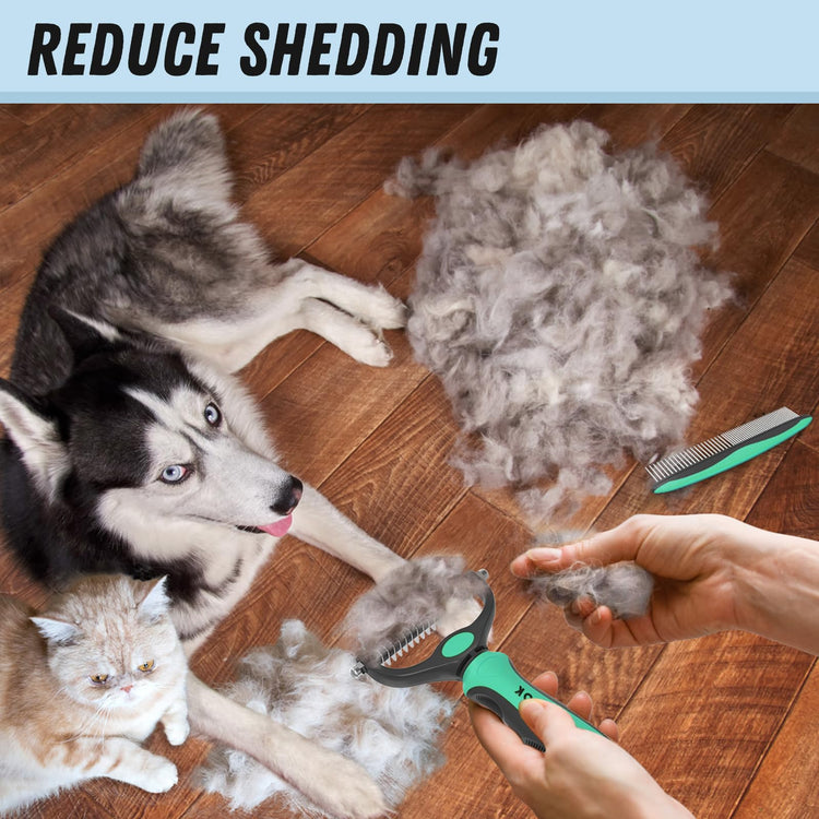 Docrok Pet Grooming Combo - Blue Deshedding Brush with Metal Comb for Detangling and Dematting Long, Matted Fur on Cats and Dogs