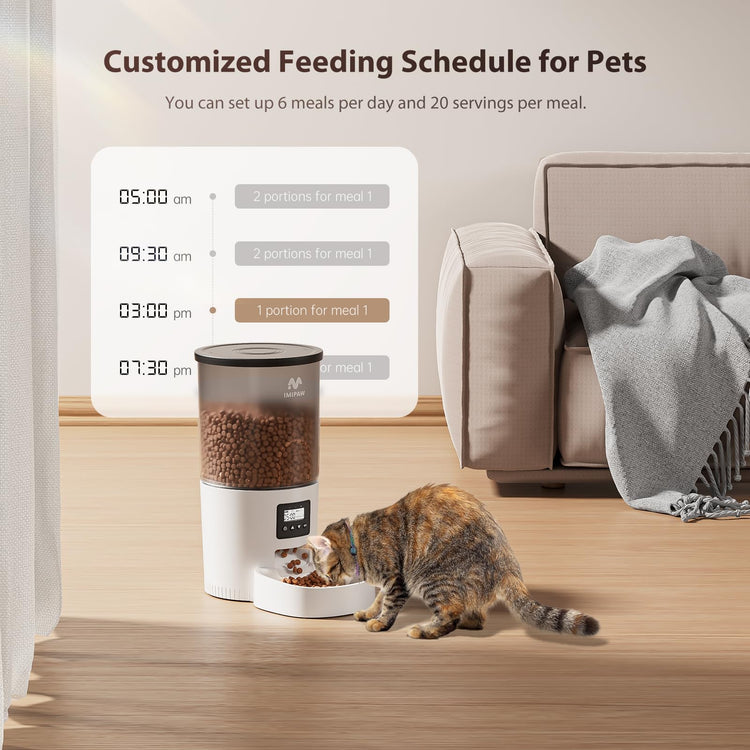 IMIPAW Automatic Cat Feeders, Timed Cat Dry Food Dispenser with Desiccant Bag, Dual Power Supply, Programmable Portion Size, 6 Meals, 20 Portions Per Day, Auto Pet Feeder for Cats and Small Dog, White