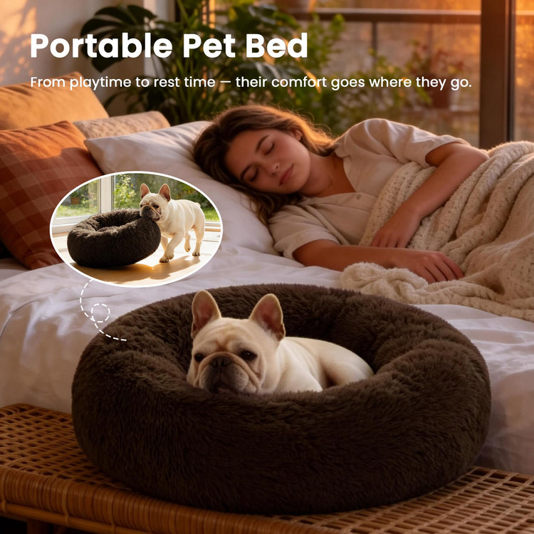 Love's cabin Calming Dog & Cat Bed, Cat Bed for Indoor Cats, Anti-Anxiety Donut Round Bed, Fluffy Warming Pet Bed for Small Medium Dogs and Cats, Beige Taupe 20"/24"