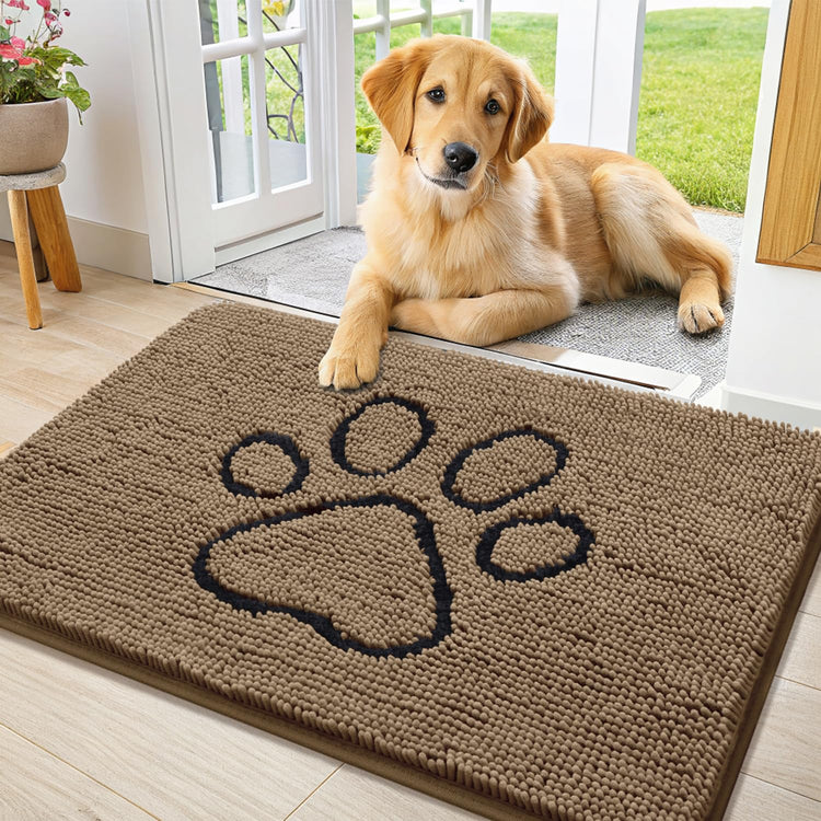 Smiry Dog Door Mat for Muddy Paws, Absorbent Dirt Trapper Non Slip Quick Dry Washable Chenille Mat for Mud Dogs, Entry Rug for Indoor and Outdoor (30x20 Inches, Grey and Black)