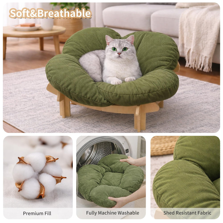 Elevated Wooden Cat Bed with Fluffy Removable Cushion, Modern Petal Shaped Cat Couch Sofa for Indoor Cats Small Dogs 40lbs Capacity Easy to Assemble (White)