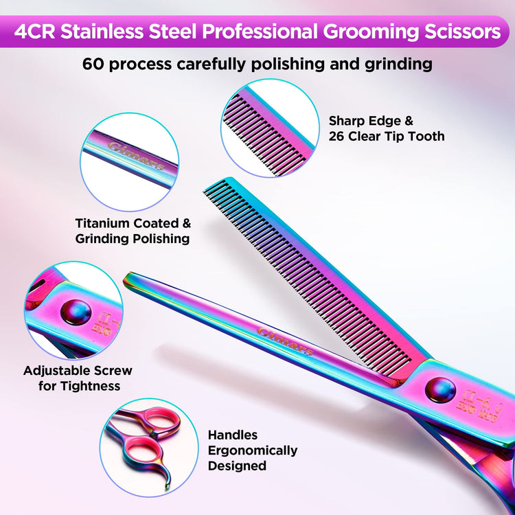 Gimars Titanium Coated Professional 6 in 1 4CR Stainless Steel Dog Grooming Scissors with Safety Round Tip, Heavy Duty Pet Grooming Scissor for Dogs, Cats and Other Animals