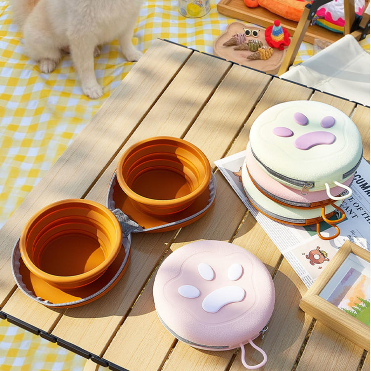 Bear Paw Foldable Pet Bowl, Dual Bowl Design for Food and Water,6.1in，Pink,Orange and Beige (Pink)