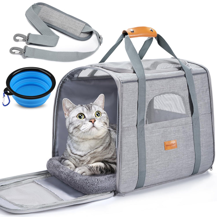 Morpilot Pet Carrier for Large Cats, Puppies & Small Dogs Up to 25lbs, Escape-Proof with Locking Zippers, Dual-Sided Cushion, Safety Buckle for Car & Vet Travel, Includes Foldable Bowl (Dark Gray)