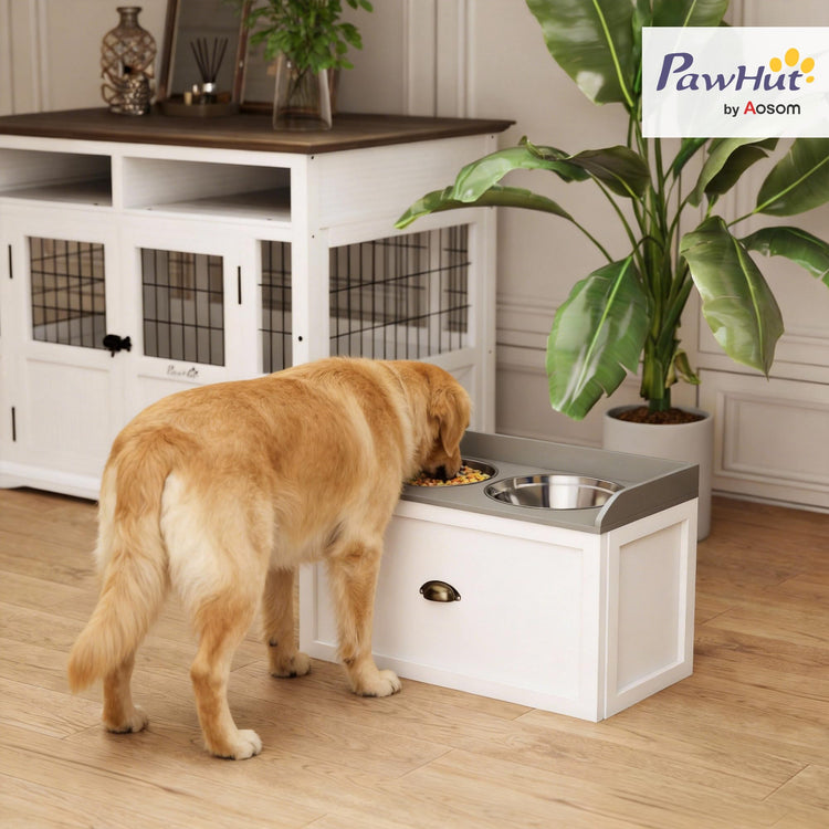 PawHut Dog Feeding Station with Storage Drawer, Dog Food Storage Cabinet with 2 Removable Elevated Pet Bowls for Large Sized Dogs, Coffee