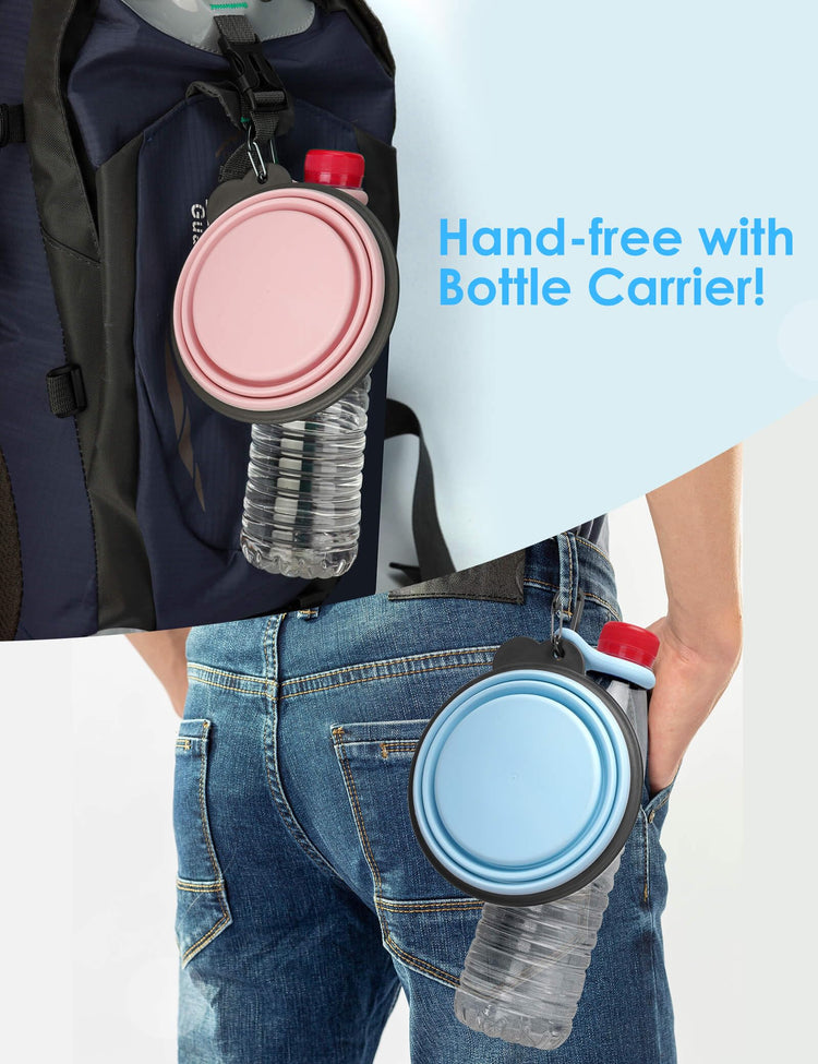 Aonkey Collapsible Dog Bowls with Bottle Carrier, 2 Pack Travel Dog Water Bowl Upgraded Carabiner, One-piece Molded Rim No Fall Off or Crack, Foldable Silicone Portable for Pets Walking Hiking 15oz