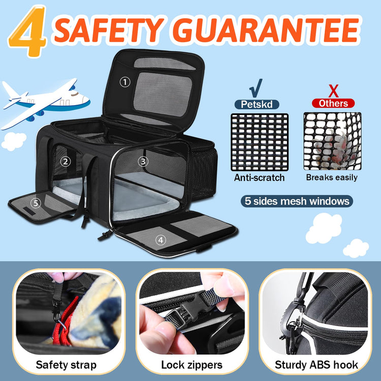 Petskd Top and Side Expandable Pet Carrier 18x11x11 Inches Delta United Airline Approved, Soft-Sided Carrier for Small Cats and Dogs with Locking Safety Zippers and Anti-Scratch Mesh(Black)