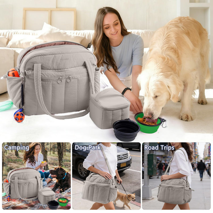Dog Travel Bag for Supplies, Airline Approved Pet Travel Organizer with 2 Food Containers & Collapsible Bowls, Large Capacity Dogs Tote Bag for Weekend, Stylish Dog Mom Gift for Pet Lovers